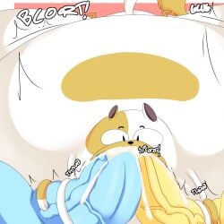 adventure_time balls big_balls big_penis bodily_fluids cake_the_cat cartoon_network cum cum_in_mouth cum_inside denizen1414 double_penetration felid feline fellatio genital_fluids genitals hi_res huge_balls huge_cock inflation inflation mammal oral penetration penile penis sex stretching stretching_arms