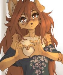 1girls 2025 apogee apogee_(tinygaypirate) areola breasts brown_eyes brown_fur brown_hair canine cute dog_ears dog_girl earring earrings female fluffy_tail freckles fur furry furry_female furry_only gesture heart_symbol long_hair looking_at_viewer no_nipples small_breasts solo tail tattoo tinygaypirate v_legs