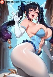 ai_generated alternate_breast_size ass bangs bare_shoulders bimbo bimbofication black_hair blue_eyes blue_leotard blush breasts choker cleavage earrings elbow_gloves female frills genshin_impact gloves hair_ribbon high_heels jewelry large_breasts leotard long_hair looking_at_viewer magic magical_girl mona_(genshin_impact) navel one_eye_closed open_mouth pantyhose patreon_logo patreon_username purple_hair ribbon smile solo star_\\\\(symbol\\\\) star_earrings tgv9173 thick_thighs thighs twintails waving white_gloves white_pantyhose