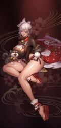 1girls 9:16 big_breasts breasts clothed feet female game_cg kikyo_(king_of_kinks) king_of_kinks nutaku puppy purple_eyes shoes tagme thighs thighs_together white_hair