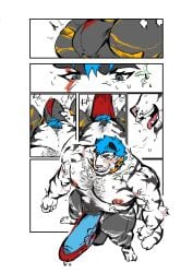 anthro big_muscles big_penis booker_(koopershiba) breath canid canine clothing collar comic exhaling exploding_clothing felid genitals growth hi_res huge_cock huge_muscles hyper hyper_genitalia hyper_muscle_growth hyper_muscles hyper_penis kooper_(koopershiba) male male_only mammal muscular orange_collar pantherine panting penis red_clothing red_underwear solo tiger underwear unknown_artist vein veiny_muscles