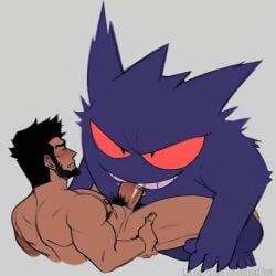 ai_generated evil_grin forced gay gay_blowjob gay_domination gay_sex gengar human laying_down laying_on_back legs_around_partner legs_held_open pokemon pokemon_(species) pokemon_trainer pokephilia
