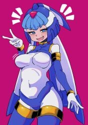 1girls big_breasts blue_eyes bodysuit buzzlyears fairy_leviathan female_only fully_clothed looking_at_viewer mega_man mega_man_zero peace_sign reploid smile solo toothy_grin wide_hips
