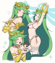angel angel_wings bikini blush brown_hair collar cremanata drawn goddess green_eyes green_hair happy kid_icarus kid_icarus_uprising palutena pit pit_(kid_icarus) pout smile stretching thigh_socks tiara wink
