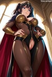 1girls ai_generated big_breasts black_hair blue_eyes bodystocking cutout female female_only fire_emblem fire_emblem_awakening from_below hands_on_hips long_hair looking_away mostly_clothed patreon pussy salupai solo solo_female tharja_(fire_emblem) two_side_up uncensored watermark