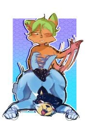absurd_res anthro aroused_face australian_cattle_dog bandit_heeler blue_body blue_fur bluey_(series) butt_slap canid canine canis cattledog chamka chamkaskleiber domestic_cat domestic_dog duo felid feline felis fur green_body green_fur herding_dog hi_res male male/male mammal on_ground one_eye_closed orange_body orange_fur pastoral_dog peach_(ivanny) pink_body pink_fur slap smile smiling_at_another smiling_at_partner tail tail_motion tailwag