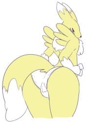 anthro ass bandai_namco blue_eyes cameltoe canid canine clothing digimon digimon_(species) dipstick_tail female fox fur gloves_(marking) hardscales hi_res leaning_over mammal markings panties rear_view renamon simple_background solo standing tail tail_markings underwear white_background white_body white_clothing white_fur white_panties white_underwear yellow_body yellow_fur