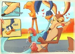 absurd_res anal anal_sex anthro avian balls beak bird bite bodily_fluids canid canine canis clothing coyote cuculiform cum digital_media_(artwork) duo erection feathers female fur genital_fluids genitals hi_res looney_tunes male male/male male_penetrated male_penetrating male_penetrating_male mammal new_world_ground_cuckoo notsafeforwanking nude penetration penile penis road_runner_(looney_tunes) roadrunner sex simple_background tail text warner_brothers wile_e._coyote