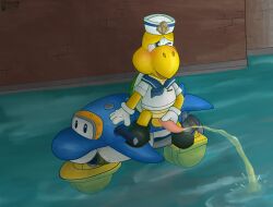 absurd_res anthro balls blush bodily_fluids clothed clothing digital_media_(artwork) dolphin_(mario) erection genital_fluids genitals hat headgear headwear hi_res koopa koopa_troopa male mario_bros mario_kart mario_kart_world nintendo oliviwott open_mouth peeing penis reptile scalie solo urine watersports