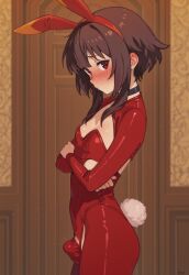 1futa ai_generated blush bunny_ears bunny_tail bunnysuit crossed_arms crotch_bulge futanari jouthechou kono_subarashii_sekai_ni_shukufuku_wo! long_sleeves megumin playboy_bunny shy side_view
