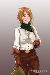 1futa biting_lip blush bulge cowgirl futa_only futanari holding_condom intersex ponytail red_dead_redemption_(series) red_dead_redemption_2 sadie_adler tagme windeburg