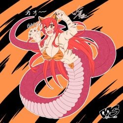 1girls amber_eyes big_breasts bikini bra breasts cleavage female lamia long_hair miia_(monster_musume) monster_girl monster_musume monster_musume_no_iru_nichijou naga open_mouth panties red_hair sharp_fingernails solo solo_female tiger_ears tiger_print tiger_stripes wulfsenn year_of_the_tiger