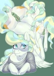 2023 absurd_res anal animal_genitalia anthro anus ass big_butt blush bodily_fluids butt_focus clothed clothing cutie_mark digital_media_(artwork) embarrassed equid equine equine_genitalia eyelashes feathered_wings feathers female feral friendship_is_magic genital_fluids genitals hair happy hasbro hi_res inventor_(artist) looking_at_another looking_at_viewer looking_back looking_pleasured mammal my_little_pony mythological_creature mythological_equine mythology nude pegasus pussy simple_background smile solo tail thick_thighs vapor_trail_(mlp) wide_hips wings