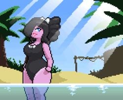 animated beach black_hair blue_eyes gothitelle iris_(okami_tomato) loop looping_animation no_sound okami_tomato palm_tree pixel_animation pixel_art pokemon pokemon_(species) purple_skin red_lipstick sunlight sunlight_rays swimsuit water
