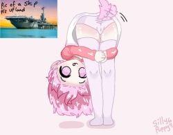 bending_over colored doggirl flashing_at_viewer holding_legs only_female pink_hair puppygirl shaded showing_panties tailwag thigh_highs