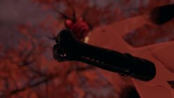 alastor_(hazbin_hotel) black_hair deer deer_antlers fur hazbin_hotel heart_pasties horse_penis horsecock multicolored_hair outside pasties pov pov_crotch pov_crotch_closeup radio_demon red_hair smile sunset vrchat vrchat_avatar vrchat_media vrchat_model