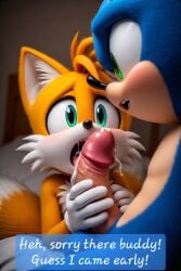 ai_generated comic comic_page cum cum_in_mouth premature_ejaculation premature_ejaculation_shaming sleepover sonic_the_hedgehog surprised_expression tails tails tails_the_fox