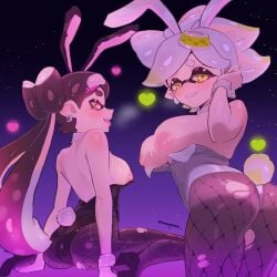 2girls 2won2 alternate_version_available areolae ass big_breasts black_bunnysuit black_hair blush breasts breasts_out bunny_ears bunny_tail bunnysuit callie_(splatoon) cousins ear_piercing earrings fake_animal_ears fake_tail female female_only fishnet_legwear fishnets footwear hair half-closed_eyes heart heels legwear looking_back marie_(splatoon) mole mole_under_eye naughty_face neckwear nipples ripped_leggings sideboob smile splatoon steam tail tongue tongue_out twintails white_bunnysuit white_hair yellow_eyes