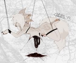 alternative_fashion anthro august_(canines_x3) balls blood bodily_fluids canid canine canines_x3 emo exposed_organs femboy genital_mutilation genital_torture genitals gore hair hair_over_eyes hi_res male mammal mutilation penis piercing pubes restraints solo suspension thick_thighs
