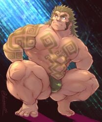 1boy abs bara bulge facial_hair highres horns large_pectorals looking_at_viewer male_focus mature_male muscular muscular_male nipples pectorals protagonist_3_(future_hero)_(housamo) protagonist_3_(housamo) sideburns solo susanoo_(housamo) tatsumonji_yukara thighs tokyo_afterschool_summoners topless_male