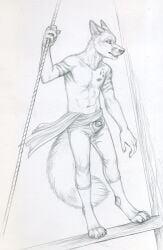 2014 4_toes 5_fingers abs animal_genitalia anthro bottomwear canid canine claws clothed clothing ears_back feet finger_claws fingers fluffy fluffy_tail fly_open footwear fox fur genitals graphite_(artwork) greyscale holding_object holding_rope inner_ear_fluff jay-lel lipsticking male mammal markings monochrome neck_tuft pants penis penis_tip pivoted_ears pointy_ears prick_ears red_lantern_universe rigging rope rukis sash sheath ship simple_background solo spats standing stripes tail toe_claws toeless_footwear toes topless topless_anthro topless_male traditional_media_(artwork) tuft vehicle watercraft whisker_spots white_background wood