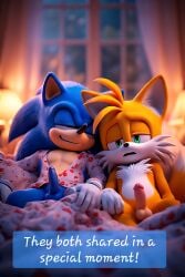 ai_generated comic comic_page erect_penis erection gay pajamas penises_out sleeping_nude sleepover sleepy sonic_the_hedgehog tails tails_the_fox