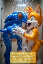 ai_generated anus_focus anus_peek buttocks cleaning comic comic_page nude shower showering sleepover sonic_the_hedgehog tails tails_the_fox