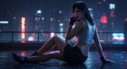 3d 3d_(artwork) 3d_model ai_generated black_hair final_fantasy_vii final_fantasy_vii_remake leshay7 pose posing raining sitting tifa_lockhart wet wet_body