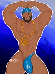 archie_(pokemon) armpit armpits arms_up balls bara beard bulge facial_hair flaccid headkerchief lemonycactus male male_only muscles muscular nintendo penis pokemon solo solo_male team_aqua