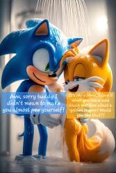 ai_generated comic comic_page gay gay_male playful_smile showering showering_together sonic_the_hedgehog tails tails_the_fox