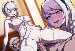 ai_generated big_penis blush clothed_sex dark-skinned_male female female_penetrated hair_ornament hetero_sex kirifuji_nozomi male medium_breasts pale-skinned_female purple_eyes raw_sex smile straight_sex takemaru_yakushiji tan_skin the_hundred_line_-last_defense_academy- unprotected_sex vagina vaginal_penetration white_hair