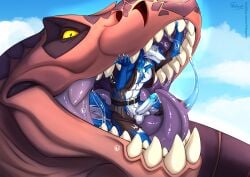 abs absurd_res ambiguous_gender anjanath anthro aroused balls belt belt_buckle blue_body blue_fur bodily_fluids brute_wyvern buckle capcom clothing drooling duo erection fanven_techar feral fur genital_fluids genitals green_eyes hi_res imminent_vore licking littleparrot male mawplay monster_hunter muscular open_mouth penis precum purple_tongue saliva sergal soft_vore solo struggling struggling_prey teeth teeth_showing tongue torn_clothing vore worried