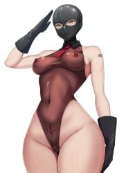 1girls breasts c.c. code_geass daiaru female female_pubic_hair gloves hat leotard medium_breasts mind_control salute tattoo wide_hips yellow_eyes