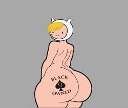 1boy adventure_time ass ass_focus body_writing coldarsenal completely_nude curvy edit femboy finn_the_human from_behind grey_background huge_ass looking_at_viewer looking_back nude qos qos_tattoo short_hair simple_background solo standing tattoo thick_thighs thighs wide_hips