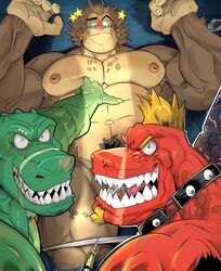 anthro blonde_hair chest_grab collar crocodile crocodilian crocodylid dragon eyebrows fangs group hair hi_res male mammal mandrill monkey muscular muscular_male navel nipples nude open_mouth pecs primate raised_eyebrow red_skin reptile scalie smile thy_carker thymilph tongue yaoi