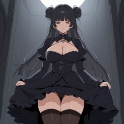 1girls ai_generated black_hair cleavage clothed_female goth goth_girl large_breasts light-skinned_female red_eyes solo_female