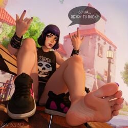 3d anus asshole asshole_behind_thong blue_eyes devil_horns_(gesture) exposed_ass feet foot_fetish foot_focus lipstick makeup nail_polish nibeya_(nibs3d) nibs3d oc partially_clothed purple_hair purple_nails purple_toenails shoes shoes_removed soles tagme tanktop thong