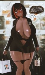 1girls alcohol alcohol_bottle alcoholic_drink bag barely_clothed big_breasts black_hair blush bottle bra bra_down bra_removed bubble convenience_store dialogue drunk drunk_bubble drunk_female english_text female female_only heavy_blush hi_res huge_breasts kitesona_(thekite) looking_at_viewer medium_hair nipple_bulge panties panties_down public public_exposure public_indecency public_nudity red_eyes red_hair sake sake_bottle thekite thick_ass thick_thighs two_tone_hair undressed