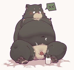 2016 after_masturbation anthro balls belly black_bear black_fur blush cum cum_on_leg cum_on_stomach flaccid fur hi_res humanoid_penis male male_only mammal moobs moon_bear navel nipples overweight overweight_male penis quanjiang sitting small_penis solo ursid ursine