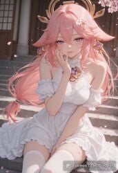 ai_generated bangs beautiful cherry_blossoms clothing dress female female_only fox_ears fox_girl fully_clothed genshin_impact gorgeous hoyoverse legs light_skin light_skinned_female looking_at_viewer mihoyo pink_hair prisarts purple_eyes shrine shrine_maiden thighhighs thighs white_dress yae_miko yae_miko_(genshin_impact)