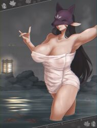 1girls breasts cleavage dclaret digimon digimon_(species) female fox_mask huge_breasts humanoid kimono kuzuhamon kuzuhamon_miko_mode lipstick miko naked_towel onsen see-through see-through_clothing selfie wet