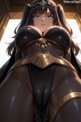 1girls ai_generated big_breasts black_hair blue_eyes bodystocking bra cameltoe female female_only fire_emblem fire_emblem_awakening from_below long_hair looking_at_viewer navel_visible_through_clothes panties patreon salupai serious solo solo_female standing tharja_(fire_emblem) two_side_up uncensored watermark
