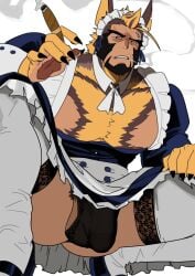 animal_humanoid anothereidos_of_dragon_vein_r anthro balls_outline big_pecs black_hair blonde_hair brown_body brown_fur brown_hair bulge canid canid_humanoid canine canine_humanoid cigar claws clothed clothing crossdressing detailed_bulge dkqthf facial_hair finger_claws fur genital_outline goatee hair humanoid hybrid lingerie low-angle_view maid_uniform male mammal mammal_humanoid panties_bulge pecs penis_outline sideburns solo squatting_pose uniform upskirt walther_(anothereidos_r) wolf_humanoid yellow_body yellow_fur