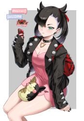 asymmetrical_bangs backpack bag black_choker black_hair black_jacket black_nails blush breasts burnt_green_tea cellphone choker cleavage closed_mouth dress earrings female gen_1_pokemon gen_8_pokemon green_eyes hair_ribbon highres holding holding_phone jacket jewelry long_sleeves looking_at_viewer marnie_(pokemon) medium_breasts morpeko morpeko_(full) nintendo phone pink_dress pokemon pokemon_(creature) pokemon_ss red_ribbon ribbon smartphone thighs twintails voltorb