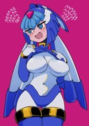 1girls big_breasts blue_eyes blush bodysuit buzzlyears fairy_leviathan female_only flustered fully_clothed mega_man mega_man_zero reploid shirt_lift smile solo thick_thighs
