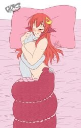 1girls anon anonymous_character bed big_breasts blush breasts coiling comforting cuddling duo eyes_closed female holding_partner hug huge_breasts lamia large_breasts long_hair miia_(monster_musume) monster_girl monster_musume monster_musume_no_iru_nichijou naked nude red_hair red_scales smile wholesome wulfsenn