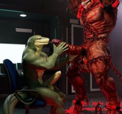 anthro balls big_penis bodily_fluids bondage bound chains demon duo erection foreskin genital_fluids genitals hi_res humanoid_genitalia humanoid_penis licking male male/male oral outofnecessity penile penis penis_lick precum reptile scalie sex side_view sitting snake standing tongue uncircumcised