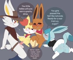 absurd_res after_kiss anthro anthro_on_feral anthro_penetrating anthro_penetrating_feral anus axel_(killahbs1) bisexual bodily_fluids brush_(pathwarden) cinderace clothed clothing clover_(killahbs1) cowboy_hat cunnilingus dialogue dress eevee eeveelution english_text fan_character female female/female female_penetrated fennekin feral feral_on_feral feral_penetrated generation_1_pokemon generation_4_pokemon generation_6_pokemon generation_8_pokemon genitals glaceon group hat headgear headwear heart_eyes heart_symbol hi_res luna_(pathwarden) male male/female male_on_feral male_penetrating male_penetrating_female nintendo oral partially_clothed penetration penis pokemon pokemon_(species) porldraws pussy saliva saliva_string scarf sex speech_bubble text vaginal_penetration vaginal_penetration zoophilia