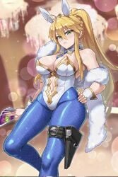 ahoge animal_ears artist_name artoria_pendragon_(fate) artoria_pendragon_(swimsuit_ruler)_(fate) artoria_pendragon_(swimsuit_ruler)_(first_ascension)_(fate) blonde_hair blue_pantyhose breasts burnt_green_tea card cleavage clothing_cutout commentary corrupted_twitter_file english_commentary fake_animal_ears fate/grand_order fate_(series) female green_eyes highres holding holding_card leotard long_hair navel navel_cutout pantyhose ponytail ponytail_with_braided_base pouch rabbit_ears solo thigh_pouch white_leotard wrist_cuffs