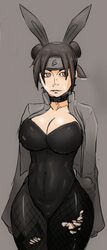 1girls big_breasts black_clothing black_hair breasts brown_eyes bunny_ears bunny_girl bunnysuit choker cleavage clothed drawing female female_only fishnets forehead_protector goth gothified latex mr.russo naruto naruto_shippuden short_hair skin_tight solo tenten torn_thighhighs voluptuous